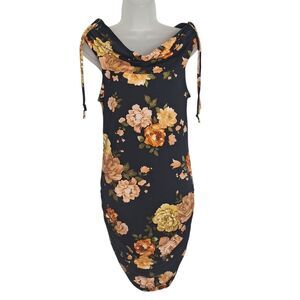 Heart & Hips Dress Black Floral Sleeveless Cowl Neck Bodycon Large Womens
